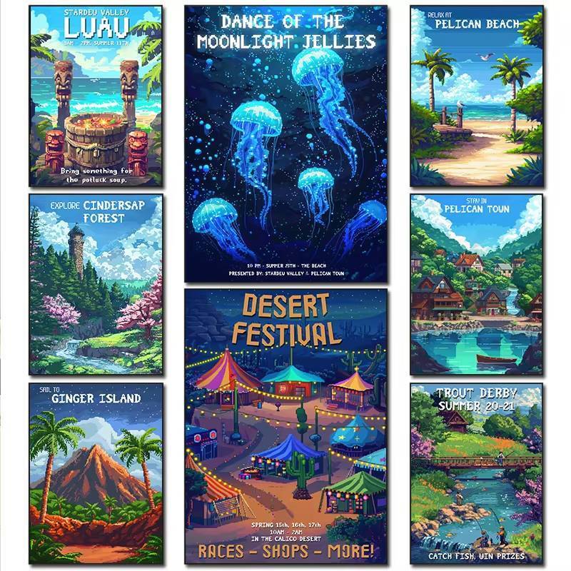 Ánh Trăng Stardew Valley Lễ Hội Hoạt Hình Băng Mùa Đông Rừng Tráng Miệng Không Khung Vải Chống Thấm Nước Poster In Hình Nghệ Thuật Treo Tường Cho Trang Trí Nhà