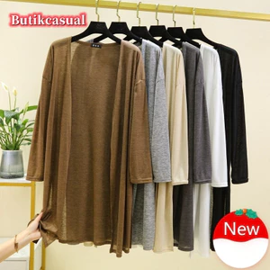 Áo len nữ vải lanh midi cardigan trơn Áo len mùa hè mới mỏng dáng rộng thường ngày khăn choàng chống nắng hàng đầu Áo khoác thông thường L-2XL