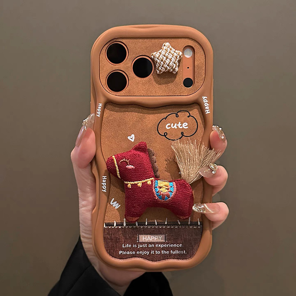 Ốp Điện Thoại Sóng 3D Ngựa Đỏ + Dây Buộc Cho iPhone 17 Pro Max 16 Plus 15 14 13 Vỏ Bảo Vệ Chống Sốc