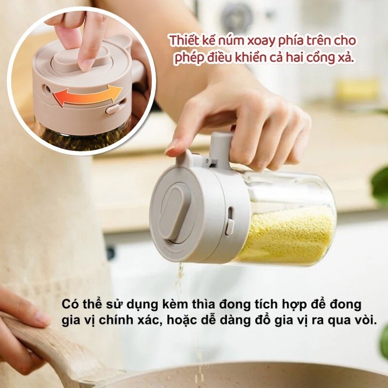 Lọ Thủy Tinh Đựng Gia Vị 300ml-Ngăn Thìa Riêng & Nắp Kín, Chống Ẩm, Chống Vỡ, Dùng Cho Bếp