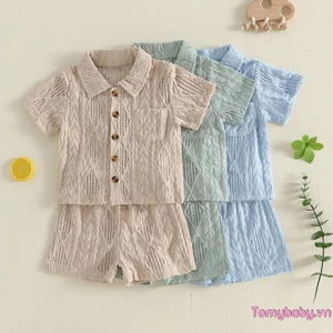 Bộ trang phục mùa hè cho bé trai Áo thun tay ngắn có họa tiết nút + Bộ quần Short co giãn