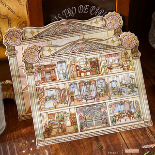 ENWEI 4 Cái [Starlight Mansion Series] Nhãn dán phong cảnh chống nước 3D Căn hộ cổ điển quá khổ Phòng ấm cúng cho sổ lưu niệm Nhật ký