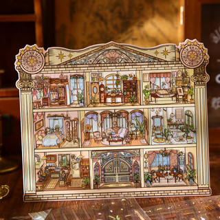 ENWEI 4 Cái [Starlight Mansion Series] Nhãn dán phong cảnh chống nước 3D Căn hộ cổ điển quá khổ Phòng ấm cúng cho sổ lưu niệm Nhật ký