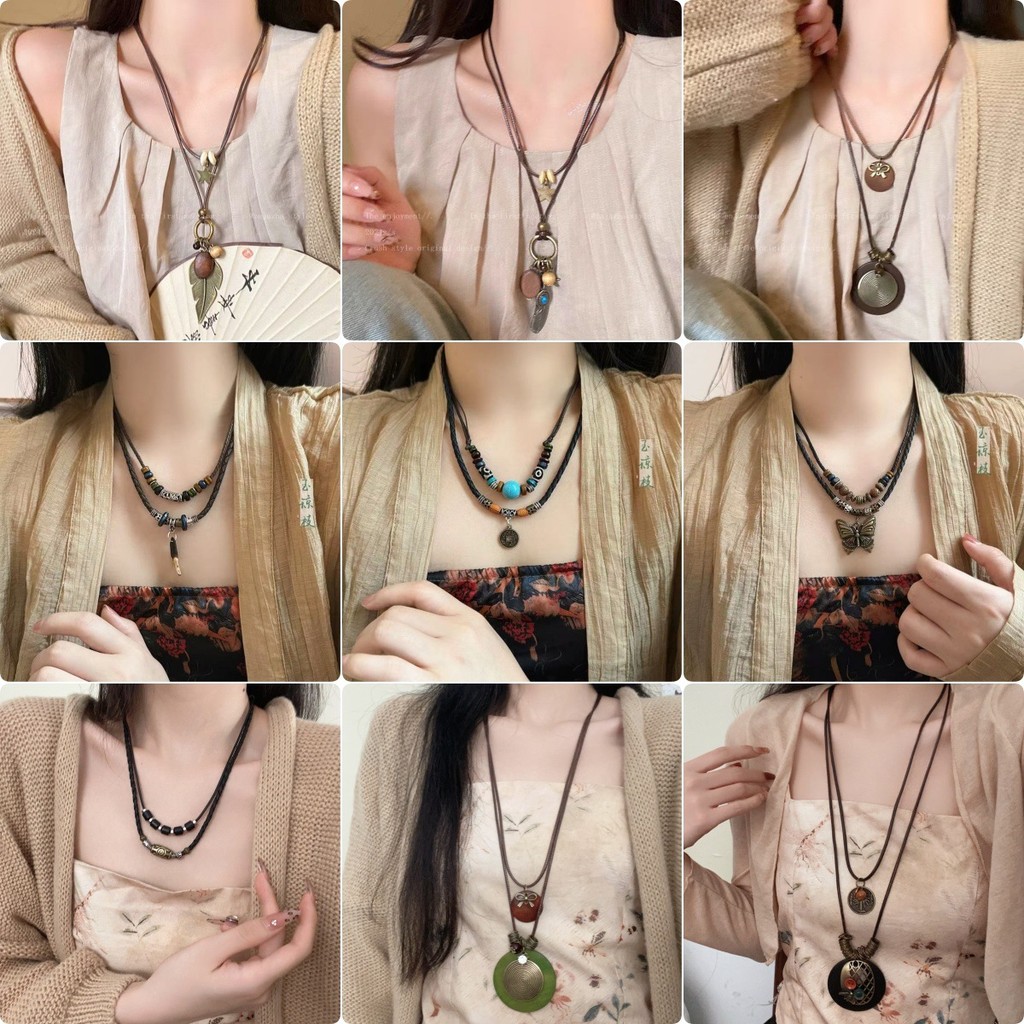 Retro Đôi Dây Da Hạt Gỗ Vòng Cổ Dài Phong Cách Dân Tộc Đau Khổ Đồng Mặt Dây Chuyền Áo Len Dây Chuyền Bohemian Kỳ Nghỉ Xếp Chồng Phụ Kiện