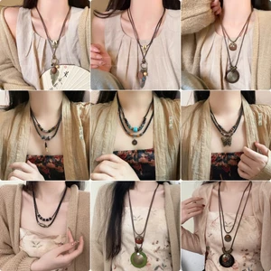 Retro Đôi Dây Da Hạt Gỗ Vòng Cổ Dài Phong Cách Dân Tộc Đau Khổ Đồng Mặt Dây Chuyền Áo Len Dây Chuyền Bohemian Kỳ Nghỉ Xếp Chồng Phụ Kiện