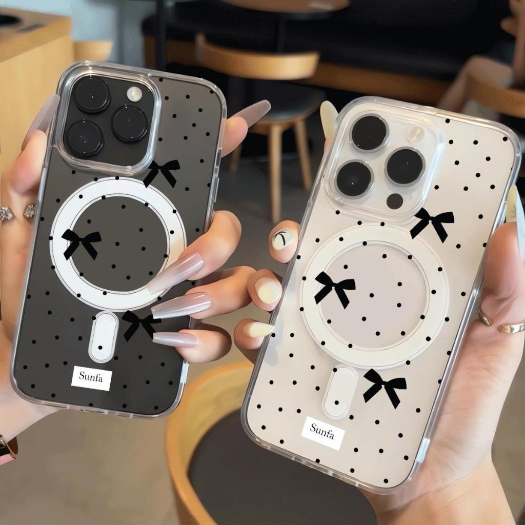 Nơ màu đen sóng điểm phù hợp với iphone 17_16plu chống thấm nước 15_14 dễ thương mới 13_12_11
