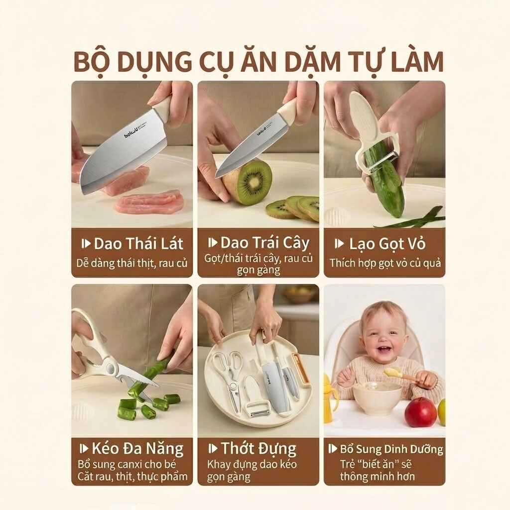 Bộ Dao Thớt Kéo Nạo Đa Năng 5 Món Cho Bé Ăn Dặm Kèm Hộp Đựng Tròn Tiện Lợi Nhà Bếp