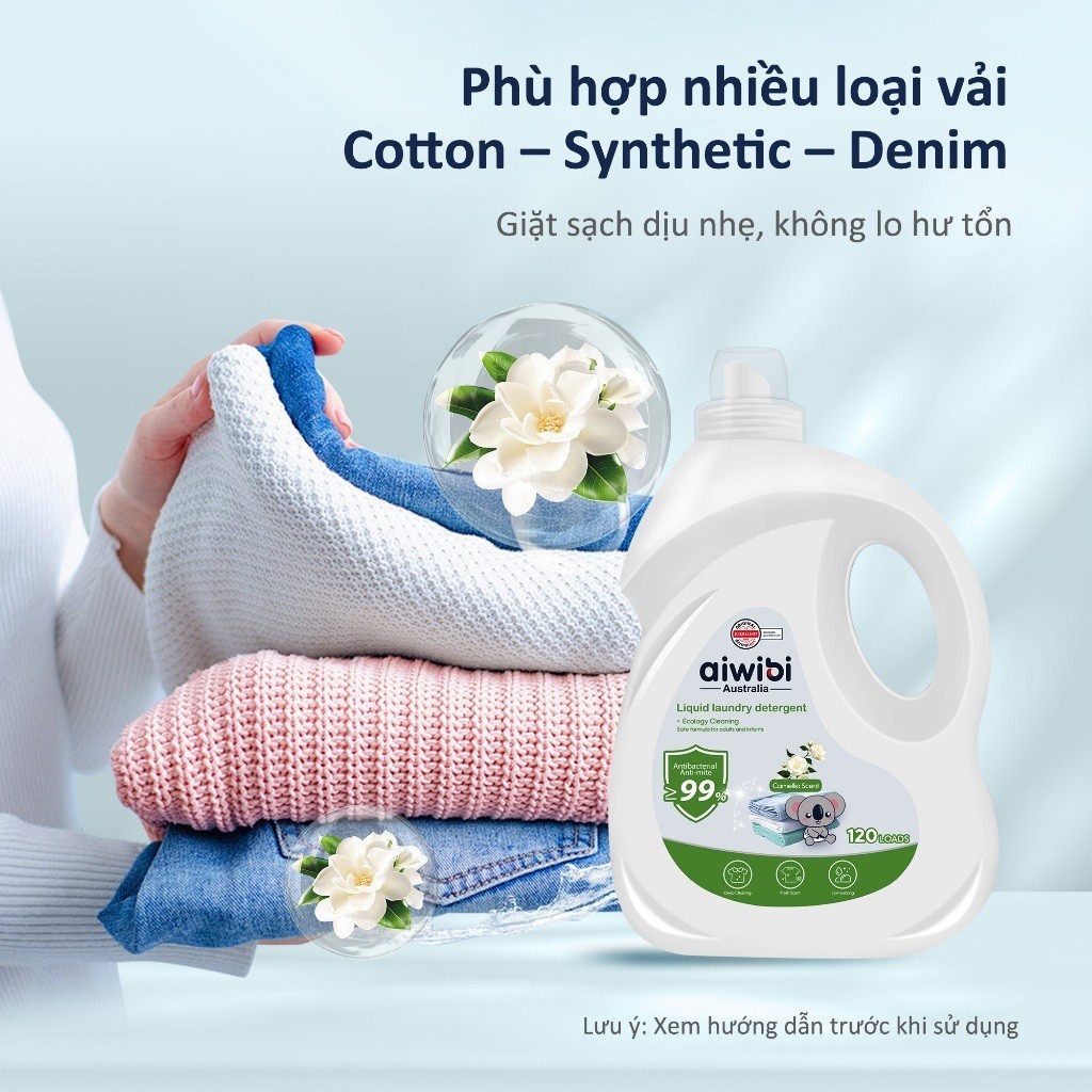 [Combo 2] Nước Giặt Aiwibi Cho Bé Bảo Vệ Quần Áo Mềm Mại, Dịu Nhẹ - Hương Camellia & Lavender (1L)
