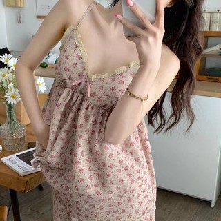 Bộ đồ ngủ in hoa vintage mùa hè có đệm ngực và dây đeo dành cho nữ kiểu trẻ trung thoải mái