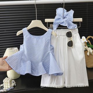 Bộ đồ cho bé gái – Áo sát nách kẻ caro phối quần lửng, kèm băng đô dễ thương, phong cách Hàn hè
