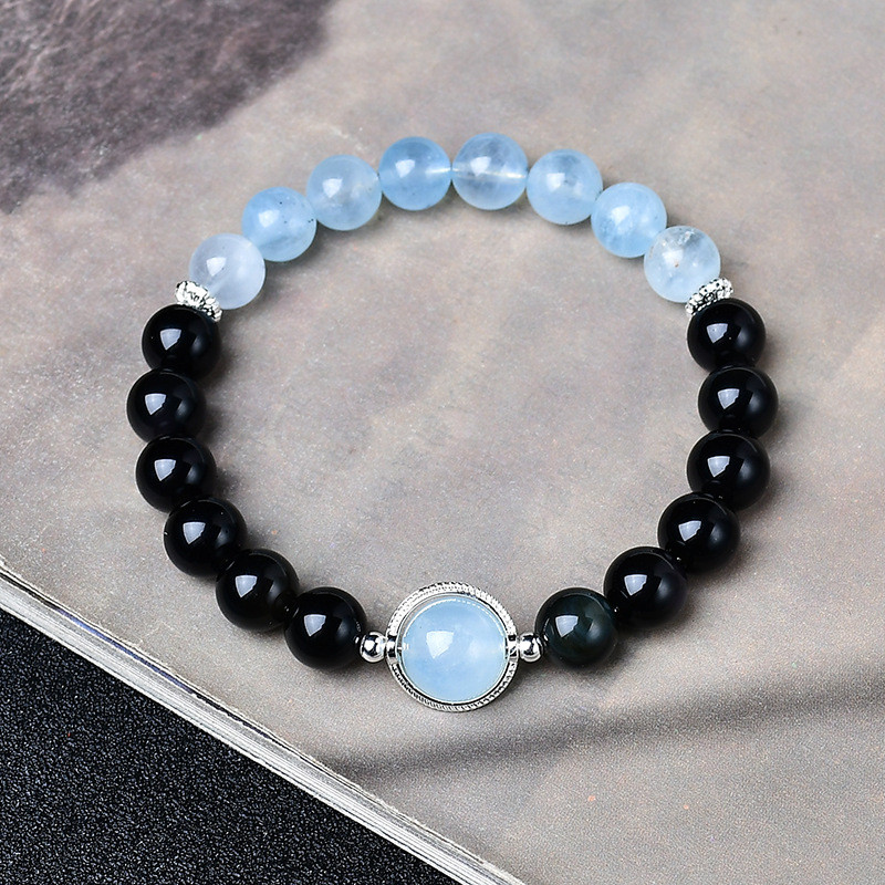 Vòng tay xếp chồng lên nhau obsidian và aquamarine tự nhiên