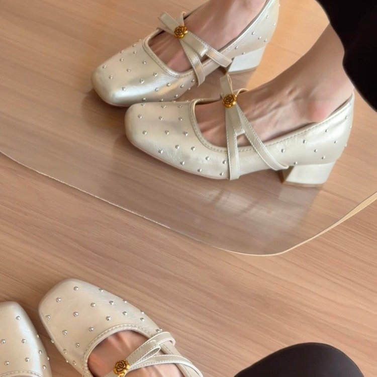 Thời Trang Hàn Quốc Mũi Vuông Cao Cấp Mary Jane Giày PU Nữ Chống Trơn Trượt Chống Mài Mòn Tính Khí