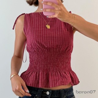 Áo Ba Lỗ Thắt Lưng Kẻ Sọc, Dây Đeo Vai Cổ Tròn Phối Vest Xù Viền