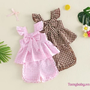 Bộ trang phục 2 món mùa hè cho bé gái Áo chữ A in kẻ sọc ngắn tay + Bộ quần Short viền xếp nếp