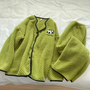 Bộ Đồ Ngủ Lông Cừu San Hô Nữ Thu Đông Dày Flannel Dễ Thương Homewear Bên Ngoài Mặc Rời Dài Thời Trang Cardigan Phù Hợp Với