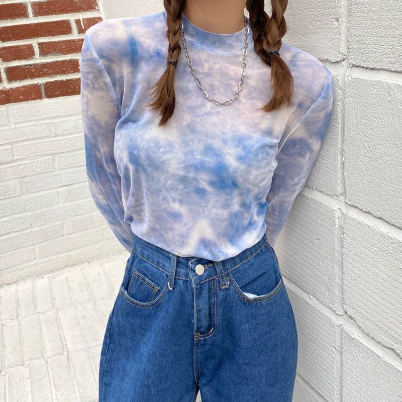 Milyfashion Slimer Look Tie-Dye Print Gạc Phiên bản Hàn Quốc Slim-fit Bên trong dài tay T