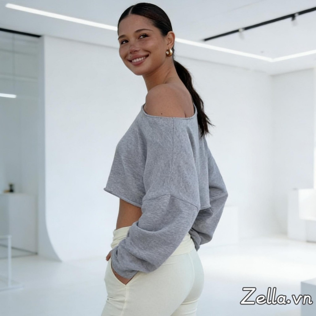 Áo trễ vai hở vai dáng rộng thoải mái, crop top dài tay màu trơn phù hợp mùa xuân/ thu