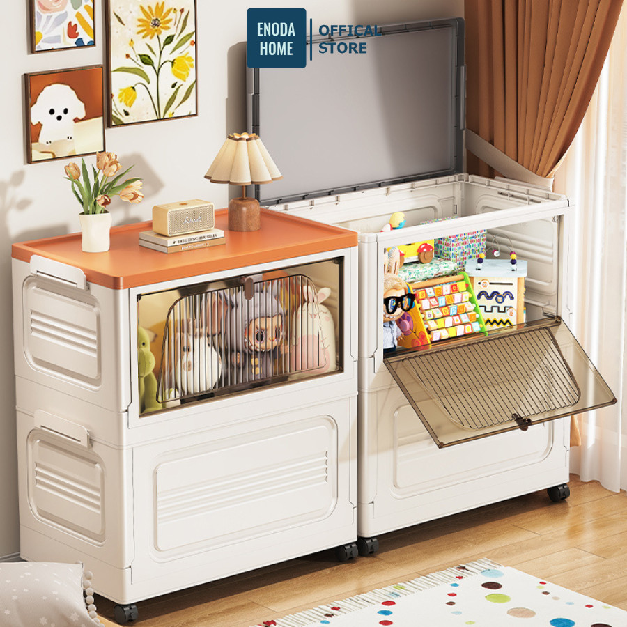 Hộp Nhựa Gấp Gọn Đựng Đa Năng ENODA HOME, Thùng Đựng Đồ Chơi Cho Bé Cửa Trong Suốt Có Bánh Xe Tiện Lợi Q043
