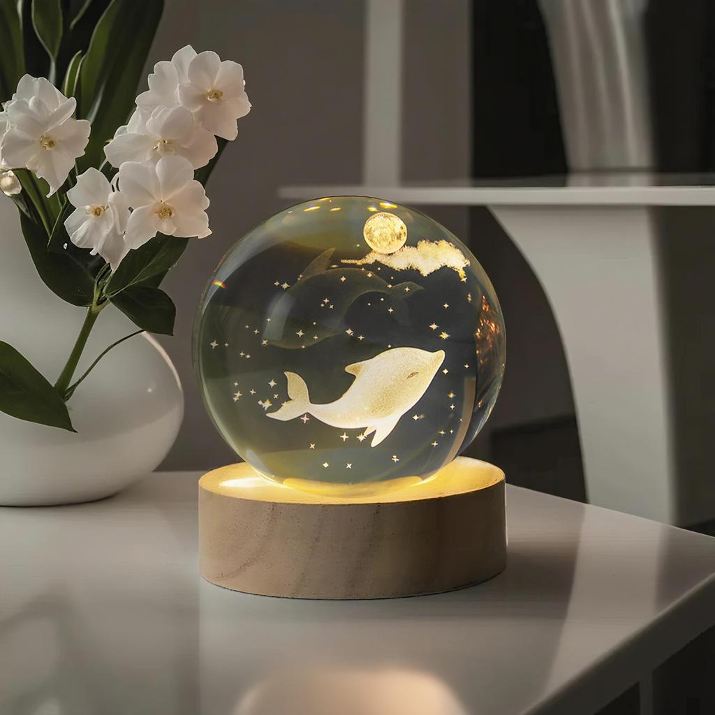 Quả cầu pha lê khắc 3D hình cá voi và cá heo đại dương cao cấp, đèn ngủ, quà tặng sinh nhật sáng tạo và quà lưu niệm. Đè