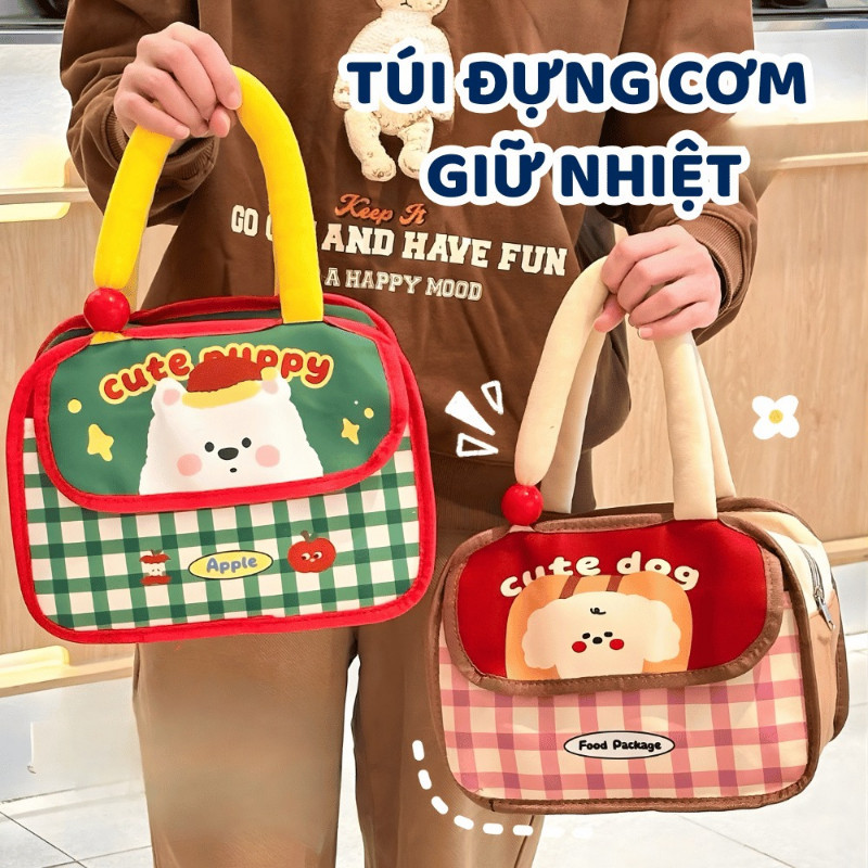 Túi Cơm Giữ Nhiệt Họa Tiết Gấu Cute, Túi Đựng Hộp Cơm Đi Học Văn Phòng, Chống Thấm DINO