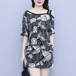 Bộ đồ thời trang dành cho nữ, kiểu dáng mới mùa hè, bộ hai mảnh in họa tiết, áo trễ vai và quần short