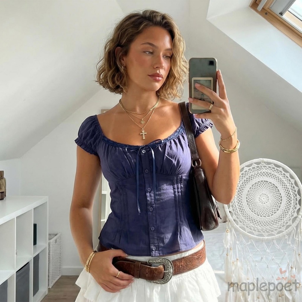 Mũ Tay Muỗng Nữ Phong Cách Slim Fit, Ren Viền Nút Xuống Áo Peplum