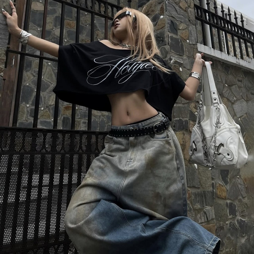 Klalien Xu Hướng In Chữ Áo Thun Nữ Cổ Xiên Cổ Tay Ngắn Chắp Vá Hottie Dạo Phố Đơn Giản Hàng Ngày Crop Tee