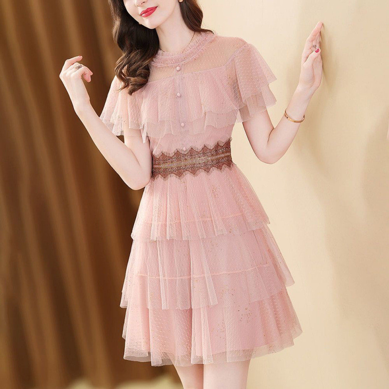 Váy Liền Phối Ren Lưới Mẫu Mới Mùa Hè Váy Bánh Bèo Nữ Cổ Tích Tôn Dáng
