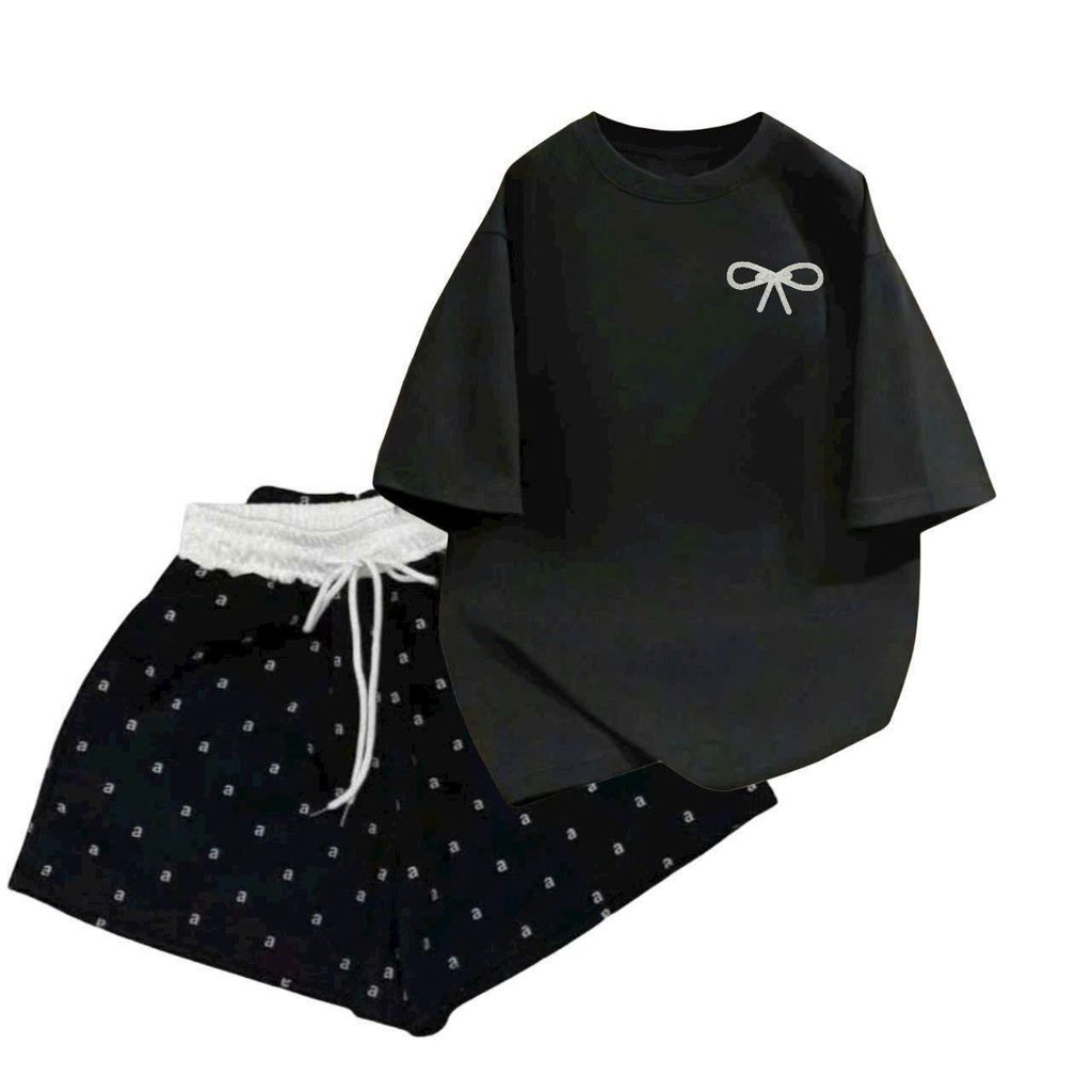 sét bộ đồ nữ quần đùi cộc cạp trắng chữ A + mix áo phông hình NƠ ĐÁ  in n g ực-thoitrangsetbo
