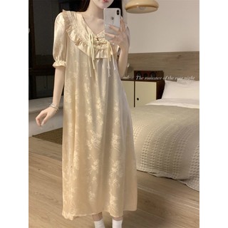 Váy ngủ ngắn tay mùa hè kiểu Trung Hoa mới, chất liệu satin jacquard, dáng rộng rãi trẻ trung cho Nữ