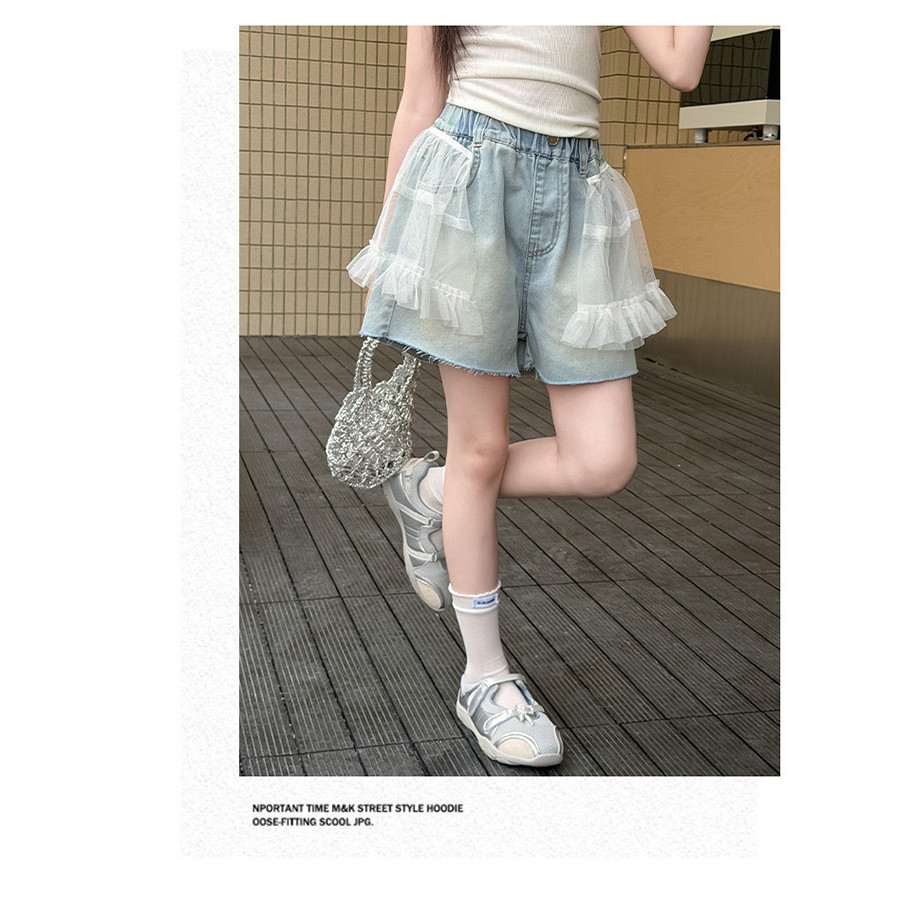 Bé Gái Thiết Kế Ren Khâu Quần Short Denim Mùa Hè 2026 Phong Cách Mới Trẻ Em Rời Quần Nóng