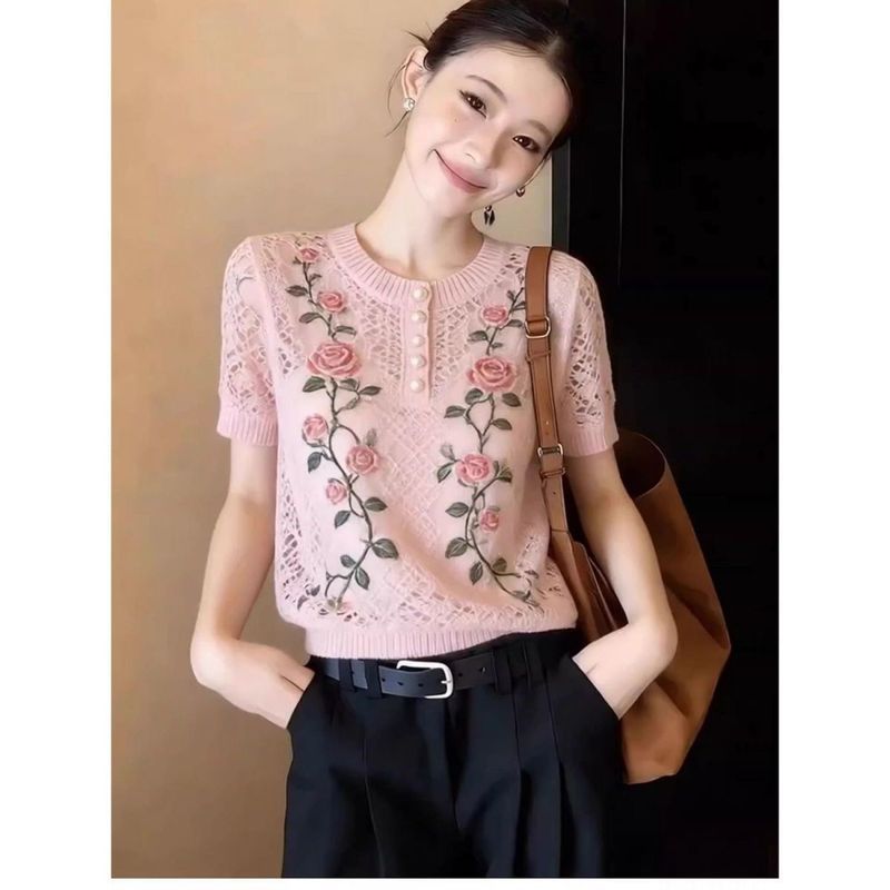 Áo Thun Nữ Phong Cách Hàn Quốc Mới Nhất, Họa Tiết Hoa Hồng, Cổ Tròn, Thoáng Khí Mùa Hè