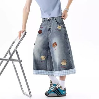 Quần short denim thêu hình chó con, phong cách Mỹ cổ điển, phù hợp mọi giới tính, chất lượng cao