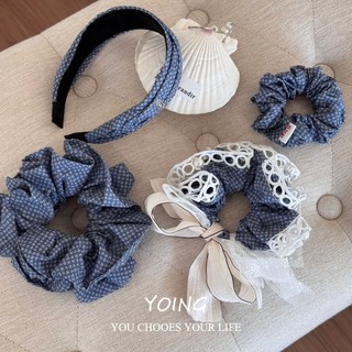 Scrunchy Tóc Ren Nơ Hoa Xanh Hải Quân, Chất Lượng Cao Cho Xuân Hè