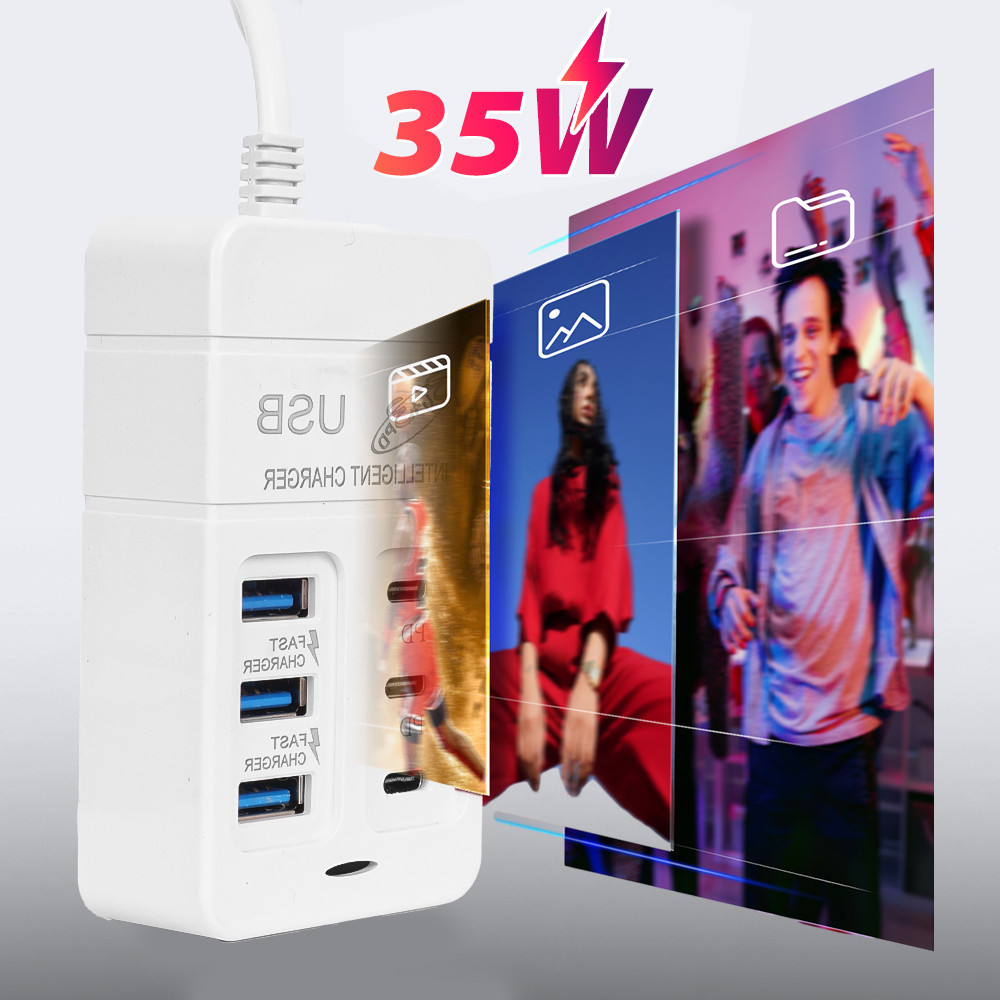 Sạc nhanh 35W 6 cổng đa thiết bị gia đình phích EU Công suất 35W،EU،Cắm nhiều thiết bị cùng lúc،Tương thích đa thiết bị