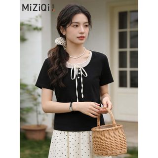 【MIZIQI】Áo thun ngắn tay hai mảnh giả cotton nguyên chất dành cho nữ, crop top viền ren
