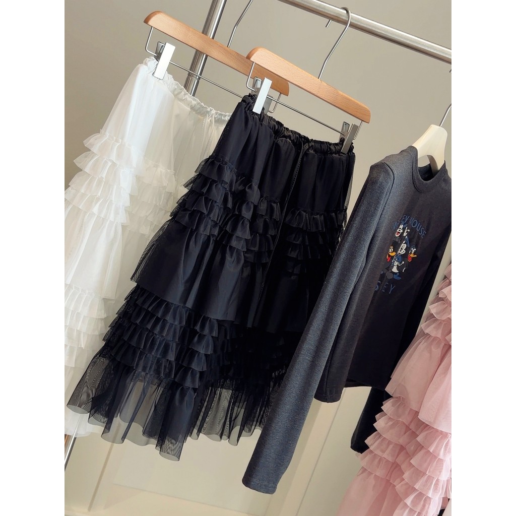 Váy Puff Layered Mùa Xuân, Phong Cách Hàn Quốc, Co Dãn Eo Viền Nữ