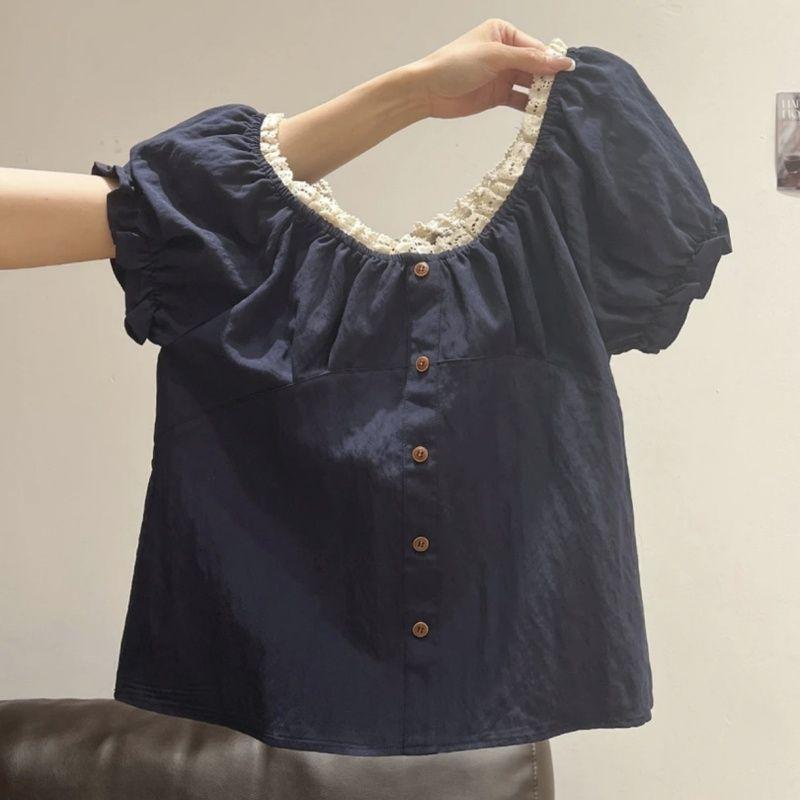 Mùa hè khuyến mãi: Sơ mi ngắn tay phong cách retro Pháp, cổ chữ V ren, dáng slimmer thời thượng