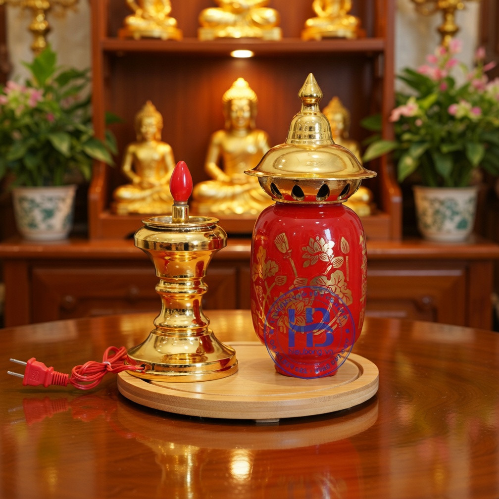 Cặp Đèn Thờ Phú Quý Cắm Điện - Đèn Thờ Bàn Thờ Gia Tiên, Thần Tài, Thờ Phật Cao Cấp | Bóng Trái Ớt, Bầu Thủy Tinh Đỏ