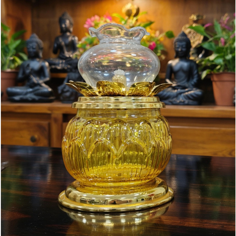 Đèn Dầu Thờ Cúng  - Đèn Lưu Ly Bằng Thủy Tinh Hình Hoa Sen / Quả Trám - Đèn Cúng Phật, Bàn Thần Tài, Gia Tiên [Đèn 052]