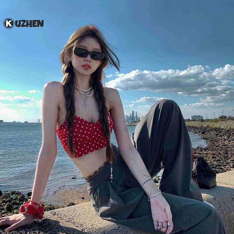 Kuzhen Crop Vest Mùa Hè Chấm Bi, Ren-Up Sleeveless, Gợi Cảm