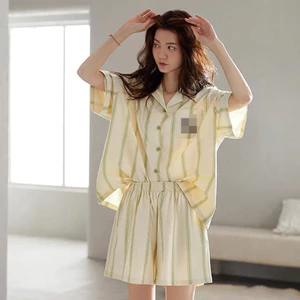 Shop Bộ Đồ Ngủ Cotton Nguyên Chất Bộ Đồ Nữ Đơn Giản Thường Ngày Giảm Tuổi Phong Cách Ve Áo Sọc Quần Short Tay Ngắn