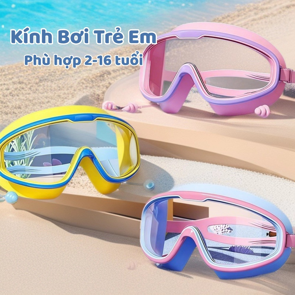 Kính Bơi Trẻ Em góc nhìn rộng có nút bịt tai DINO, Tròng Kính HD Chống Sương Mờ Và Tia UV Bảo Vệ Mắt Bé