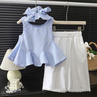 Bộ đồ cho bé gái – Áo sát nách kẻ caro phối quần lửng, kèm băng đô dễ thương, phong cách Hàn hè