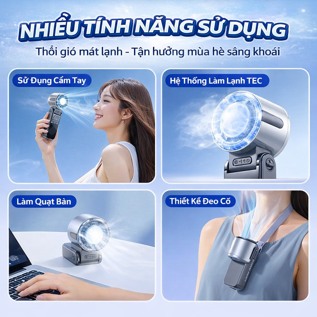 Quạt cầm tay mini Siêu mát 180 Độ xoay gấp gọn màn hình LED hiện thị kỹ thuật số