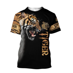 Áo thun cổ tròn tay ngắn họa tiết hổ 3D, phù hợp unisex, thoải mái