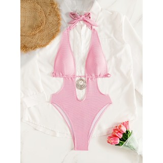 Đồ bơi bikini một mảnh không lưng màu hồng kim loại