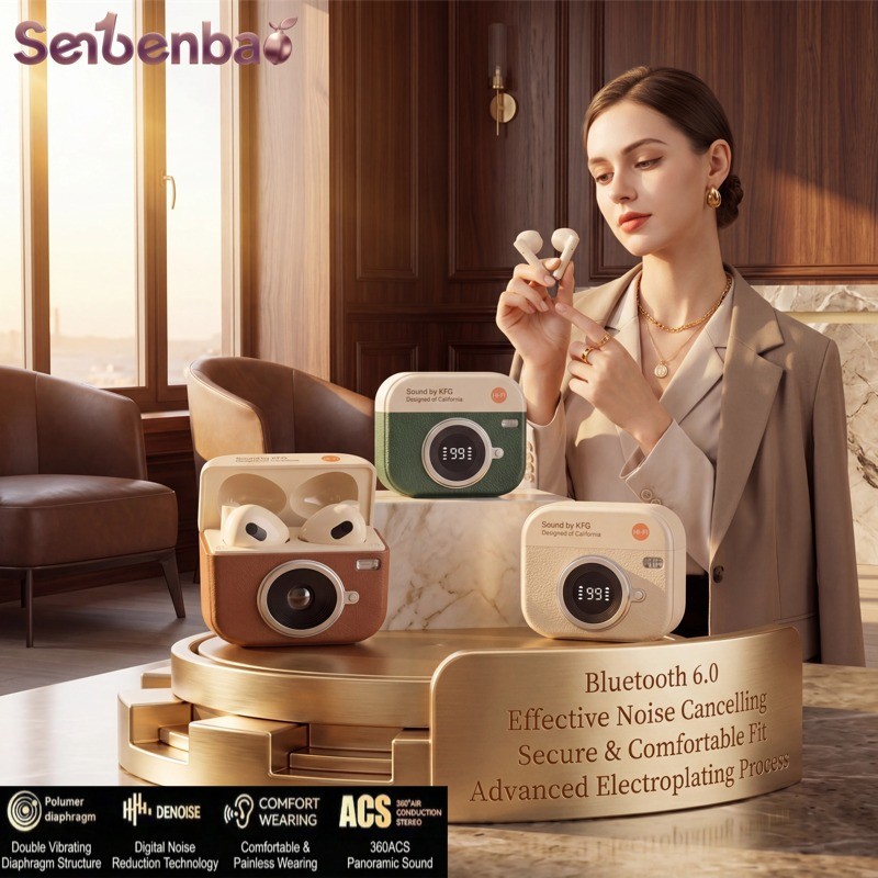 Tai nghe Senbenbao X12 Pro Tai nghe Bluetooth Thiết kế máy ảnh độc đáo có kết thúc bằng da ENC Gọi khử tiếng ồn Âm thanh nổi IPX5 Chống thấm nước cho thể thao