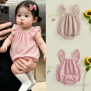 Bé Gái Kẻ Sọc Bong Bóng Romper Bay Tay Cổ Vuông Gingham Quần Áo Mùa Hè Dễ Thương