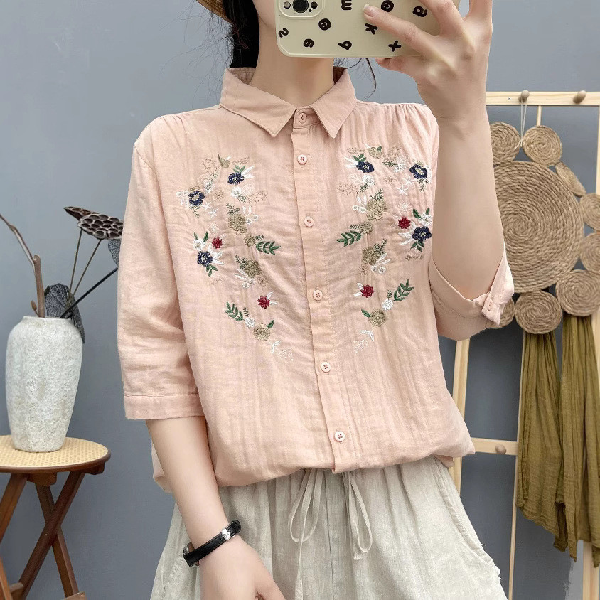 Áo sơ mi nữ 100% sợi cotton cao cấp, thiết kế nghệ thuật gai rời thêu, phù hợp mùa hè